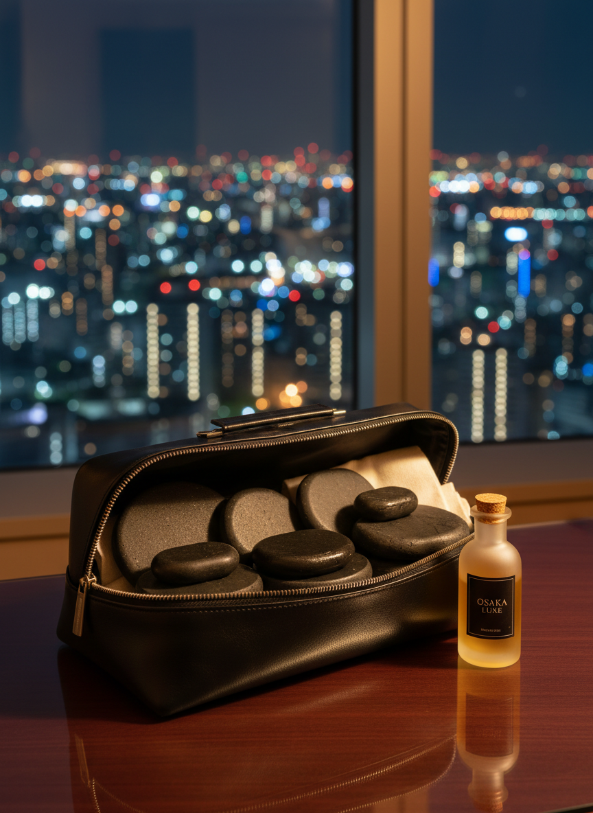 A sleek, dark leather travel bag partially unzipped on a polished hotel desk, revealing neatly organized massage essentials: smooth basalt hot stones, a compact bottle of golden massage oil, and a folded, cream-colored cotton sheet. In the background, softly out of focus, is a panoramic night view of Osaka through a large window, city lights sparkling against the sky. Soft, warm desk lighting combines with faint city glow, creating reflective highlights on the leather and stones. Photographic realism, three-quarter angle, and rule-of-thirds composition convey a discreet, luxurious men’s esthetic service arriving directly to the hotel, evoking anticipation and quiet indulgence.