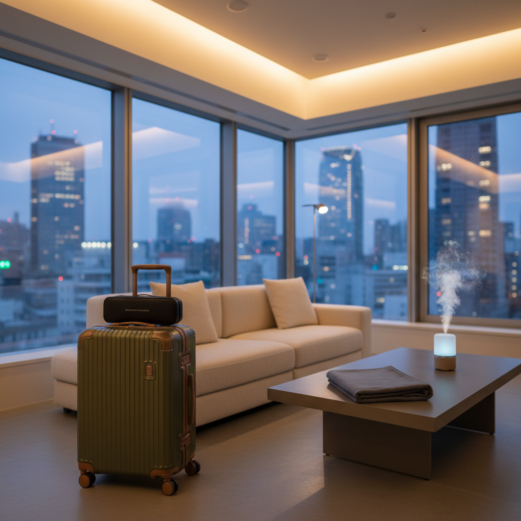 A stylish, compact rolling suitcase standing beside a low, modern sofa in a chic serviced apartment living room, with a slim, matte-black massage oil case resting on top of the suitcase. On the coffee table, a folded slate-gray blanket and a small, frosted-glass aroma diffuser release a faint trail of mist. The room features large floor-to-ceiling windows revealing an abstracted, dusk-lit Osaka skyline. Cool natural twilight mingles with warm recessed lighting, creating a balanced, sophisticated glow. Photographic realism, wide-angle shot with gentle depth, and minimalist composition evoke the feeling of a business traveler unwinding as a premium mobile men’s spa service arrives, combining urban energy with deep relaxation.