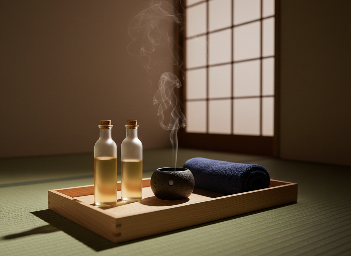 A low, minimalist wooden tray placed on a tatami-style mat floor in a dimly lit, modern Japanese room. On the tray rest two slender frosted glass bottles of massage oil, a small black ceramic aroma stone emitting a delicate wisp of steam, and a folded navy-blue face towel with subtle texture. The walls are in soft beige tones, with a partially visible shoji-inspired sliding door in the blurred background. Gentle, warm, indirect lighting creates a serene interplay of light and shadow, emphasizing the oils’ translucency. Photographic realism with a slightly elevated angle and shallow depth of field captures a sophisticated, tranquil mood, suggesting an at-home Osaka men’s esthetic experience grounded in refined Japanese aesthetics.