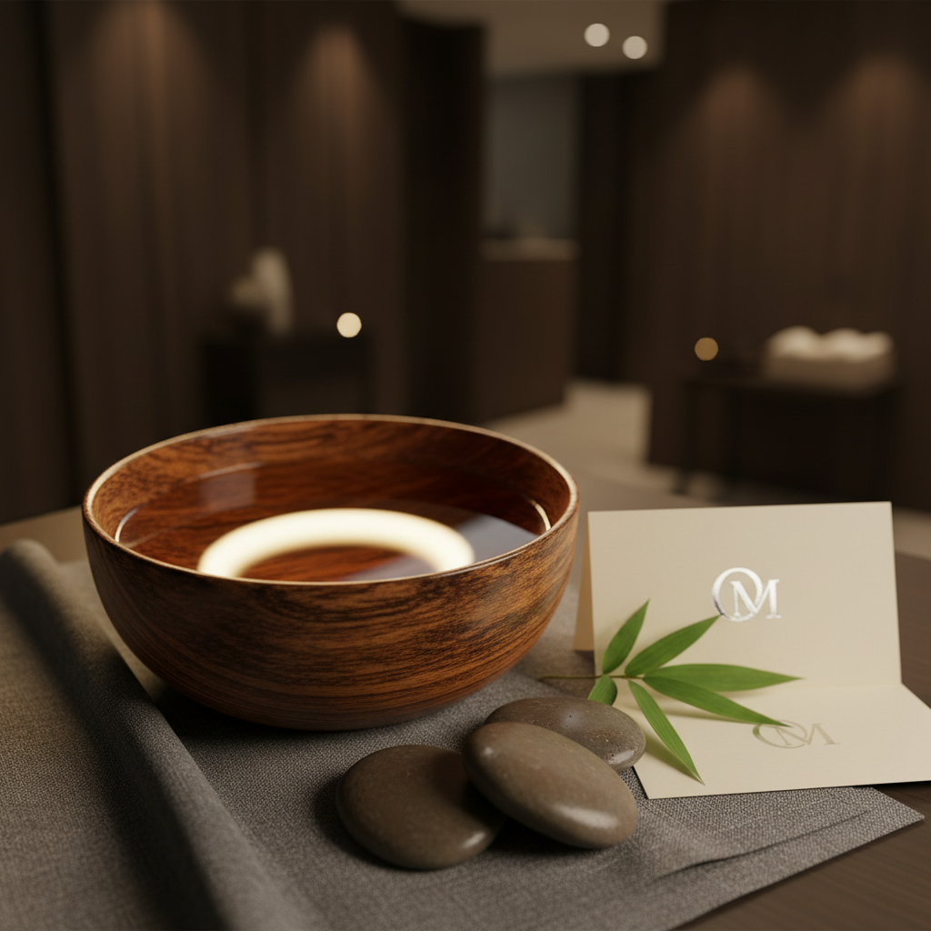 A close-up of a handcrafted wooden bowl filled with warm massage oil, its amber surface reflecting a soft halo of light, placed on a charcoal-gray linen cloth. Around the bowl lie carefully arranged elements: three smooth river stones, a sprig of fresh green leaves, and a small, folded card printed with the spa’s refined logo in silver embossing. The background is a blurred suggestion of a dark, elegant interior with subtle bokeh from recessed ceiling lights. Photographic realism, moody side lighting, and a shallow depth of field combine to create a luxurious, intimate atmosphere, emphasizing the high-quality, soothing oil treatment associated with an upscale Osaka men’s esthetic service.