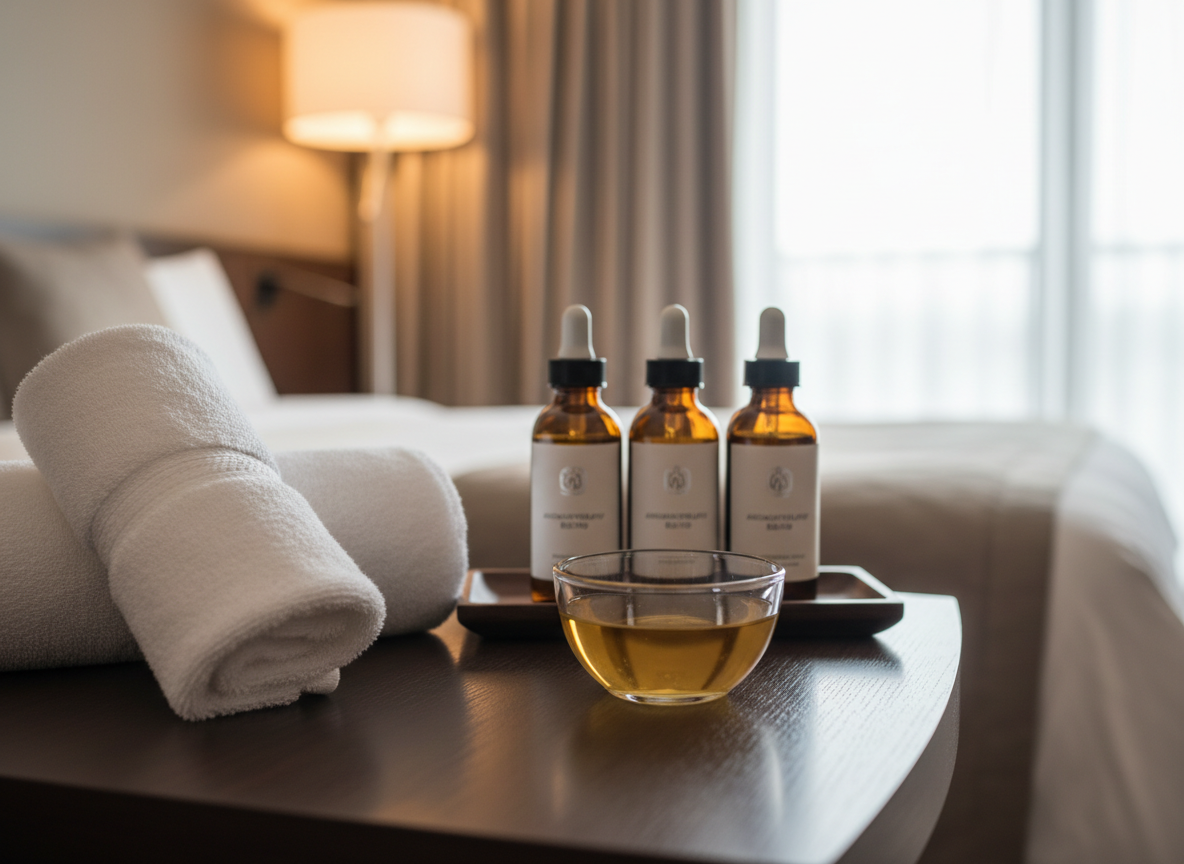 An elegantly folded, thick white bath towel arranged atop a dark, finely grained wooden side table, beside a minimalist glass bowl filled with clear massage oil. Behind them, a neatly arranged set of amber glass bottles with discreet, high-end labels suggests premium aromatherapy oils. The scene is set within a softly lit, modern hotel room corner, with blurred hints of a plush bed and neutral-toned curtains in the background. Warm, diffused evening light from a floor lamp creates gentle highlights on the glass and subtle shadows along the wood. Photographic realism, eye-level composition, shallow depth of field, and a calm, sophisticated atmosphere communicate the refined relaxation of an Osaka business trip men’s spa visit.