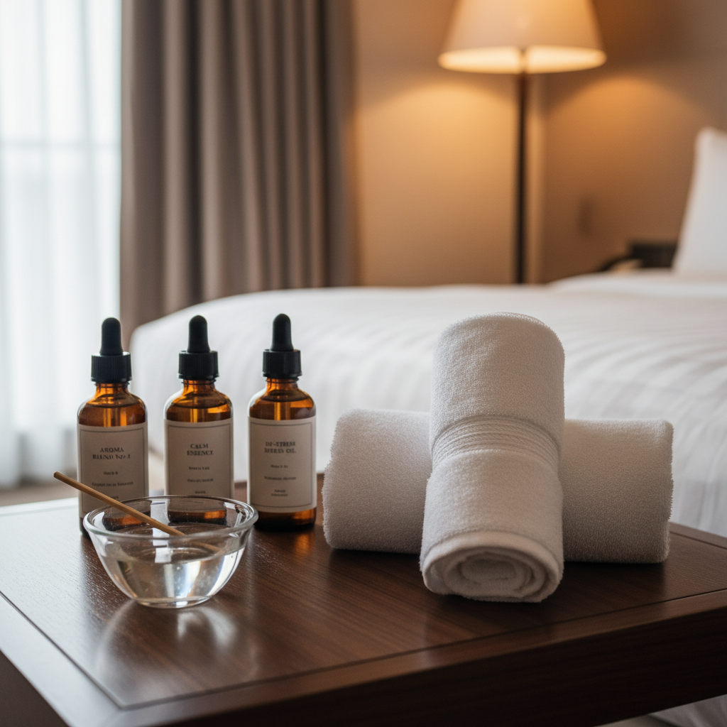 An elegantly folded, thick white bath towel arranged atop a dark, finely grained wooden side table, beside a minimalist glass bowl filled with clear massage oil. Behind them, a neatly arranged set of amber glass bottles with discreet, high-end labels suggests premium aromatherapy oils. The scene is set within a softly lit, modern hotel room corner, with blurred hints of a plush bed and neutral-toned curtains in the background. Warm, diffused evening light from a floor lamp creates gentle highlights on the glass and subtle shadows along the wood. Photographic realism, eye-level composition, shallow depth of field, and a calm, sophisticated atmosphere communicate the refined relaxation of an Osaka business trip men’s spa visit.