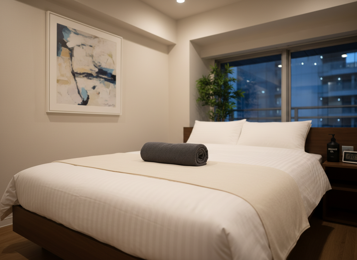 A neatly made, high-thread-count white bed in a contemporary apartment bedroom, its center prepared with a wide, cream-colored massage sheet and a precisely folded, dark gray towel at the head, hinting at a headrest area. On the bedside table sits a single matte-black pump bottle of massage oil next to a small digital clock showing early evening time. The room is bathed in soft, warm ceiling light with a subtle reflection on a nearby framed abstract print. Photographic realism, eye-level wide shot with moderate depth of field, creates a sense of privacy and calm, illustrating a discreet, at-home business-trip men’s spa setup in Osaka, sophisticated yet understated.